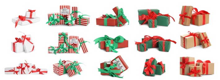 Image of Set of different Christmas gift boxes on white background. Banner design 