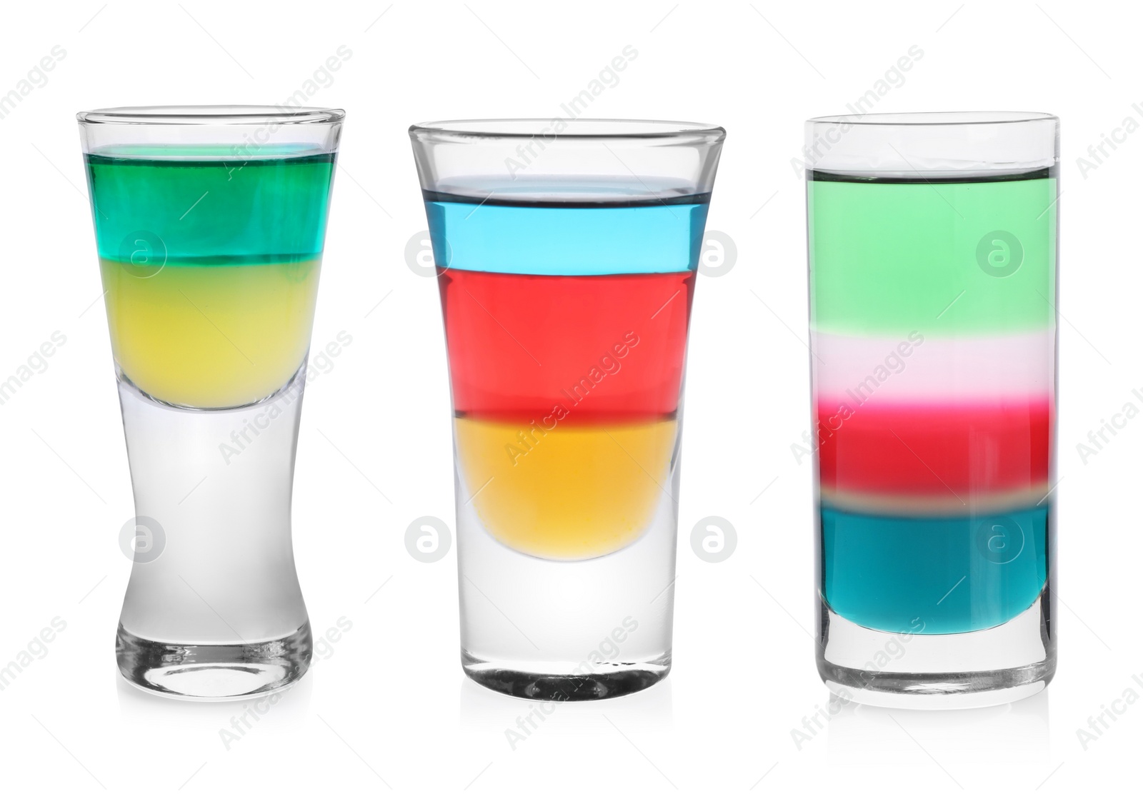 Image of Different shooters in shot glasses isolated on white, set