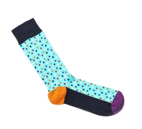 Photo of Colorful sock on white background, top view