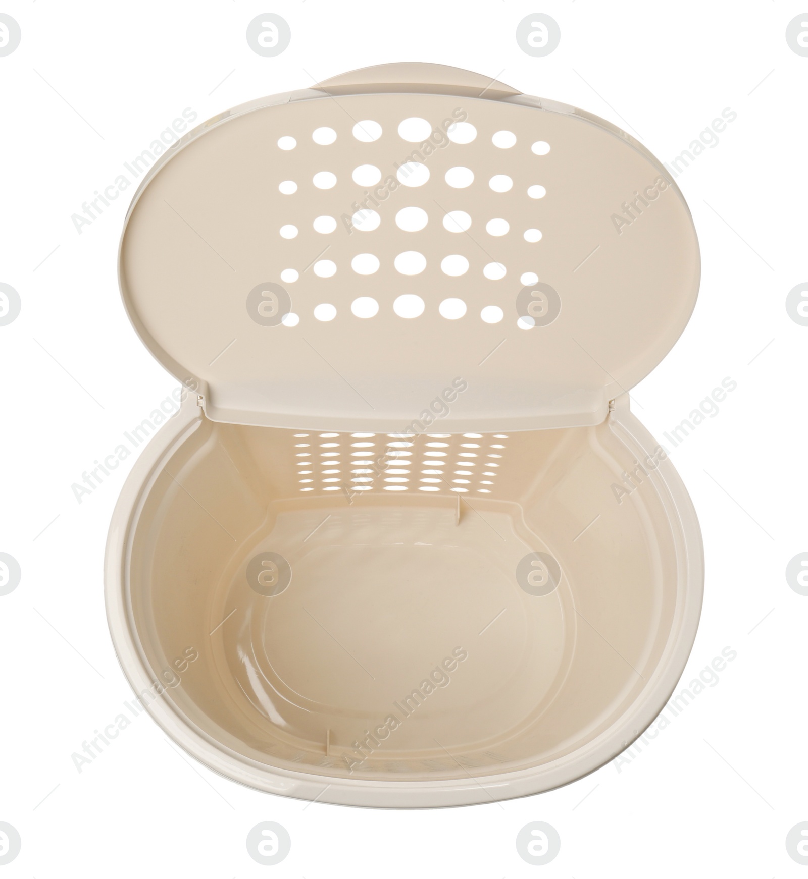 Photo of Open laundry basket isolated on white, top view