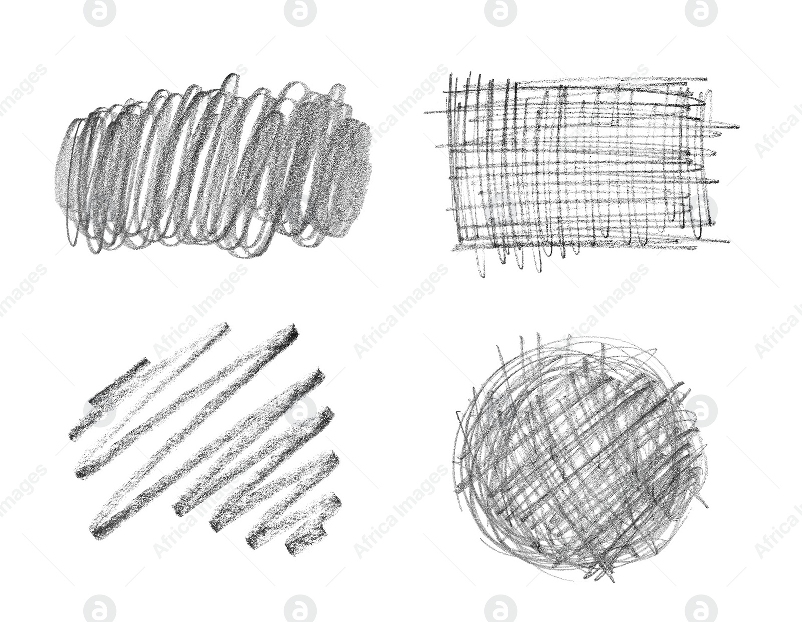Image of Set with hand drawn pencil scribble on white background, top view