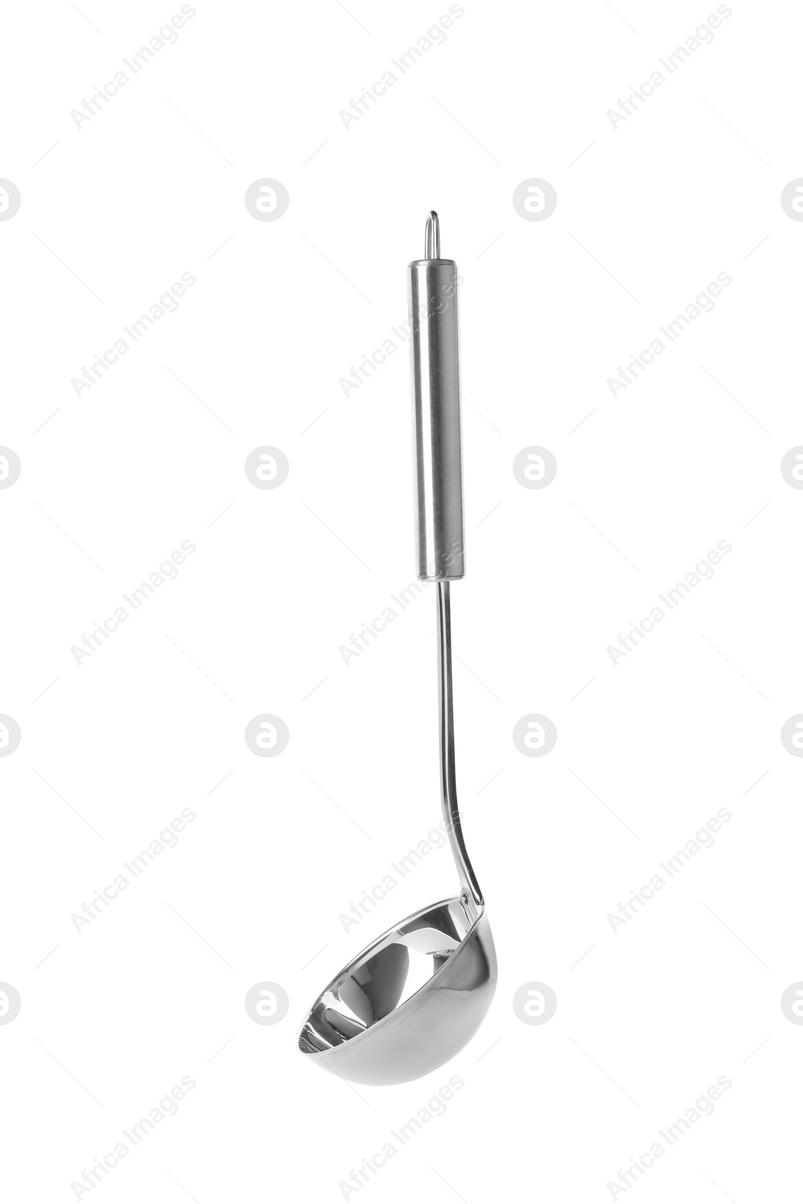 Photo of Stainless steel soup ladle on white background. Kitchen utensils