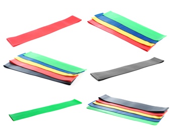 Image of Set of different fitness elastic bands on white background