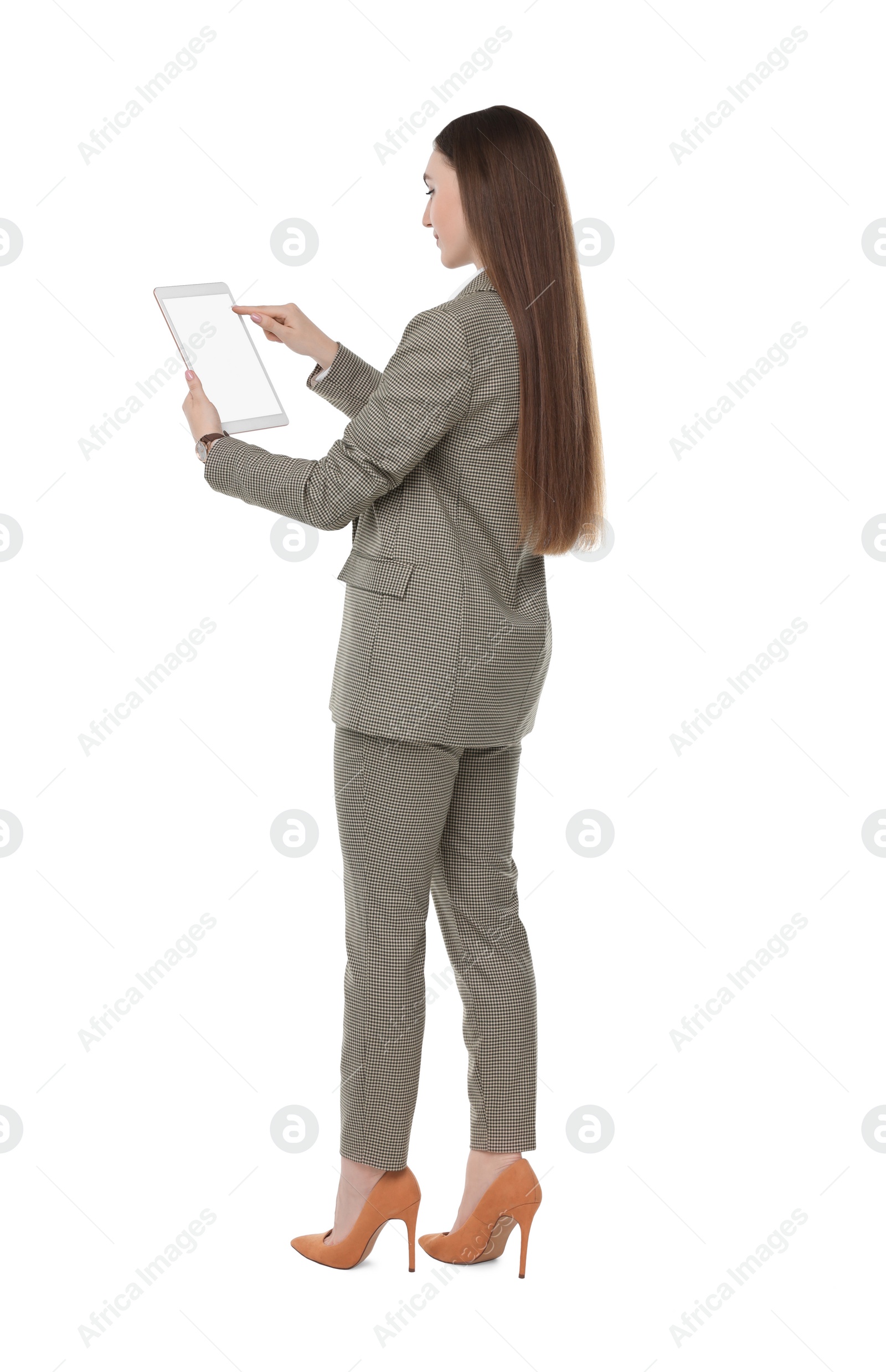 Photo of Woman using tablet with blank screen on white background