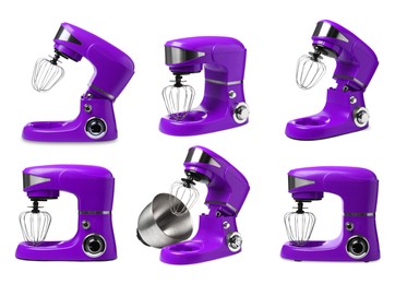 Purple stand mixers isolated on white, set