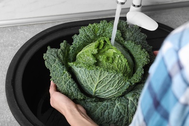 Woman washing fresh green savoy cabbage under tap water in kitchen sink, closeup