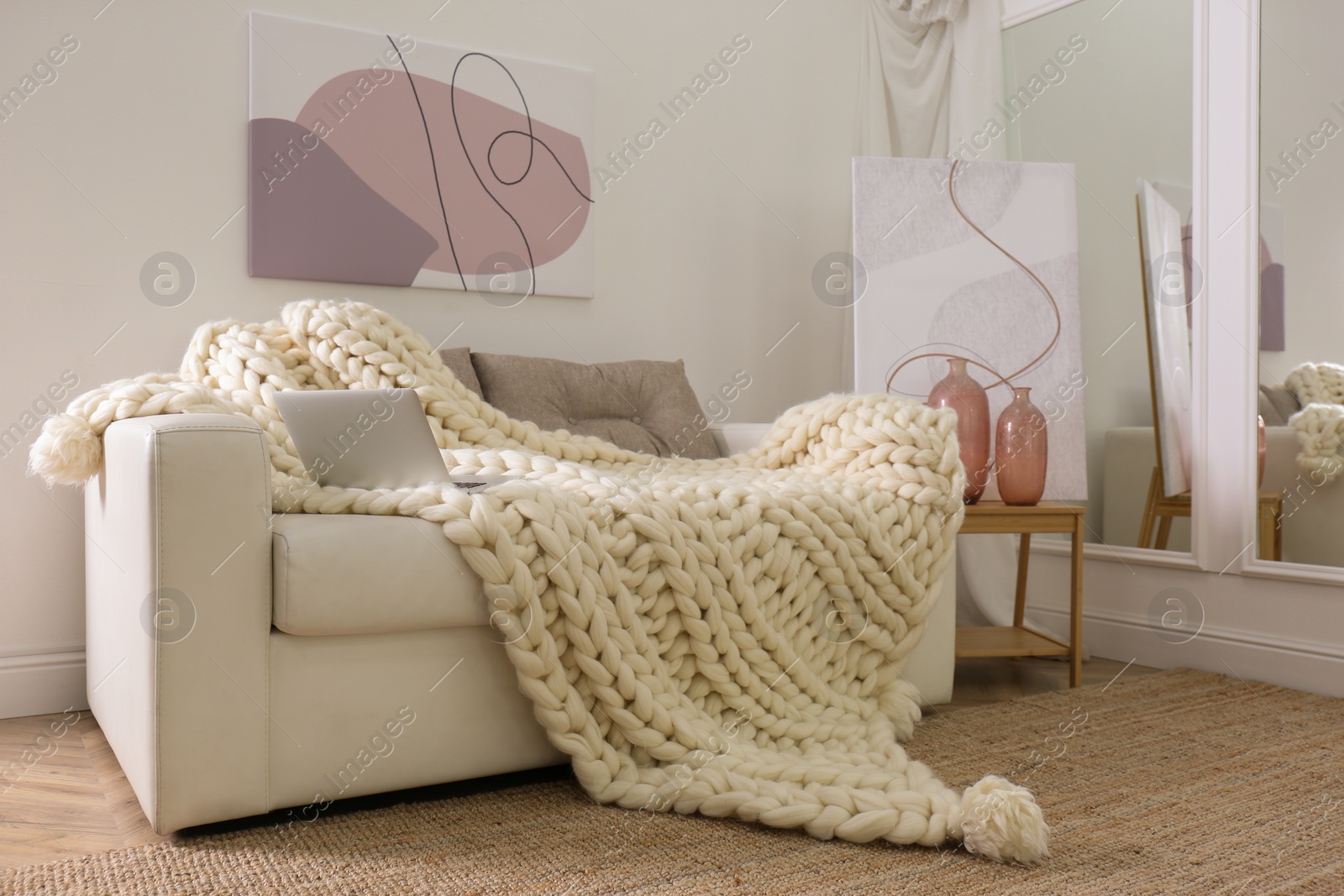 Photo of Soft knitted blanket and modern laptop on couch in living room. Interior element