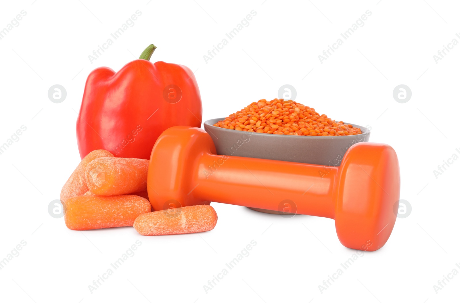 Photo of Healthy diet. Lentil, bell pepper, carrots and dumbbell isolated on white