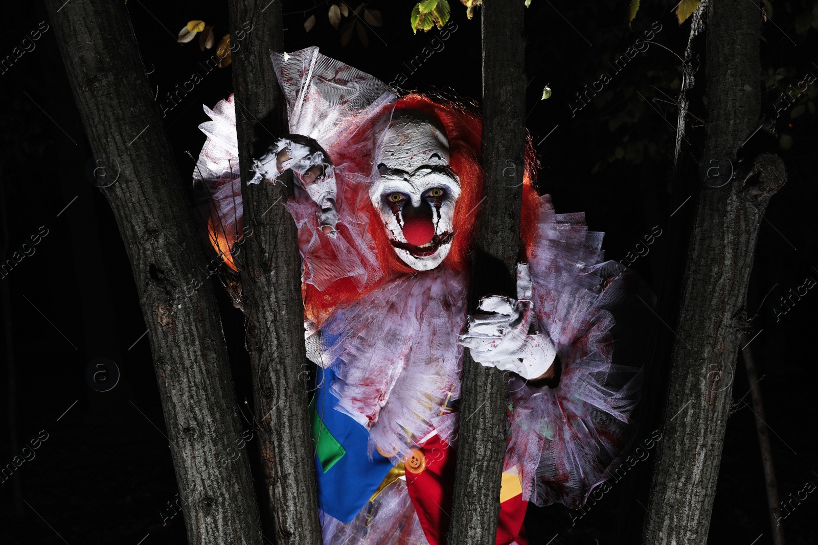 Photo of Terrifying clown hiding behind trees outdoors at night. Halloween party costume