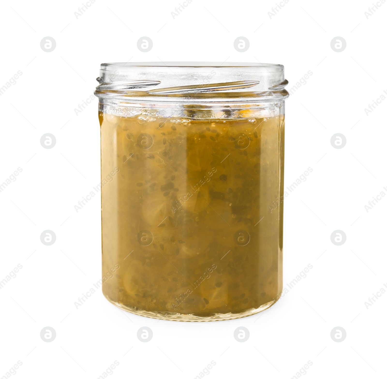Photo of Jar of delicious gooseberry jam isolated on white