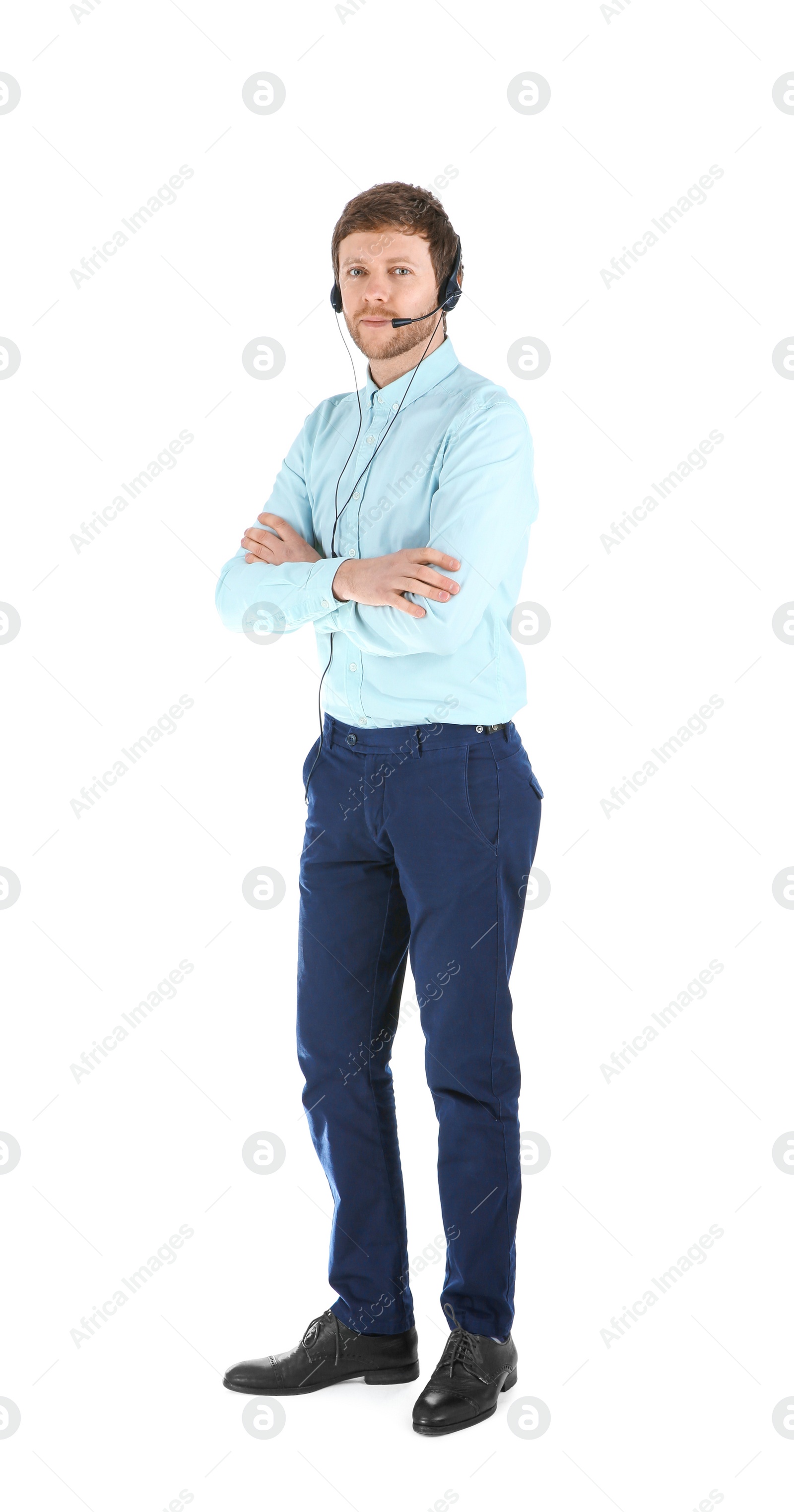 Photo of Male technical support operator with headset isolated on white