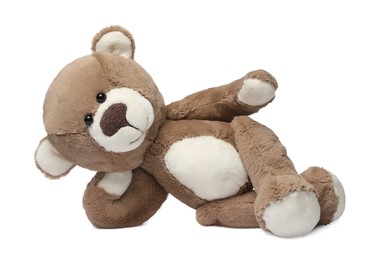 Photo of Cute teddy bear lying on white background