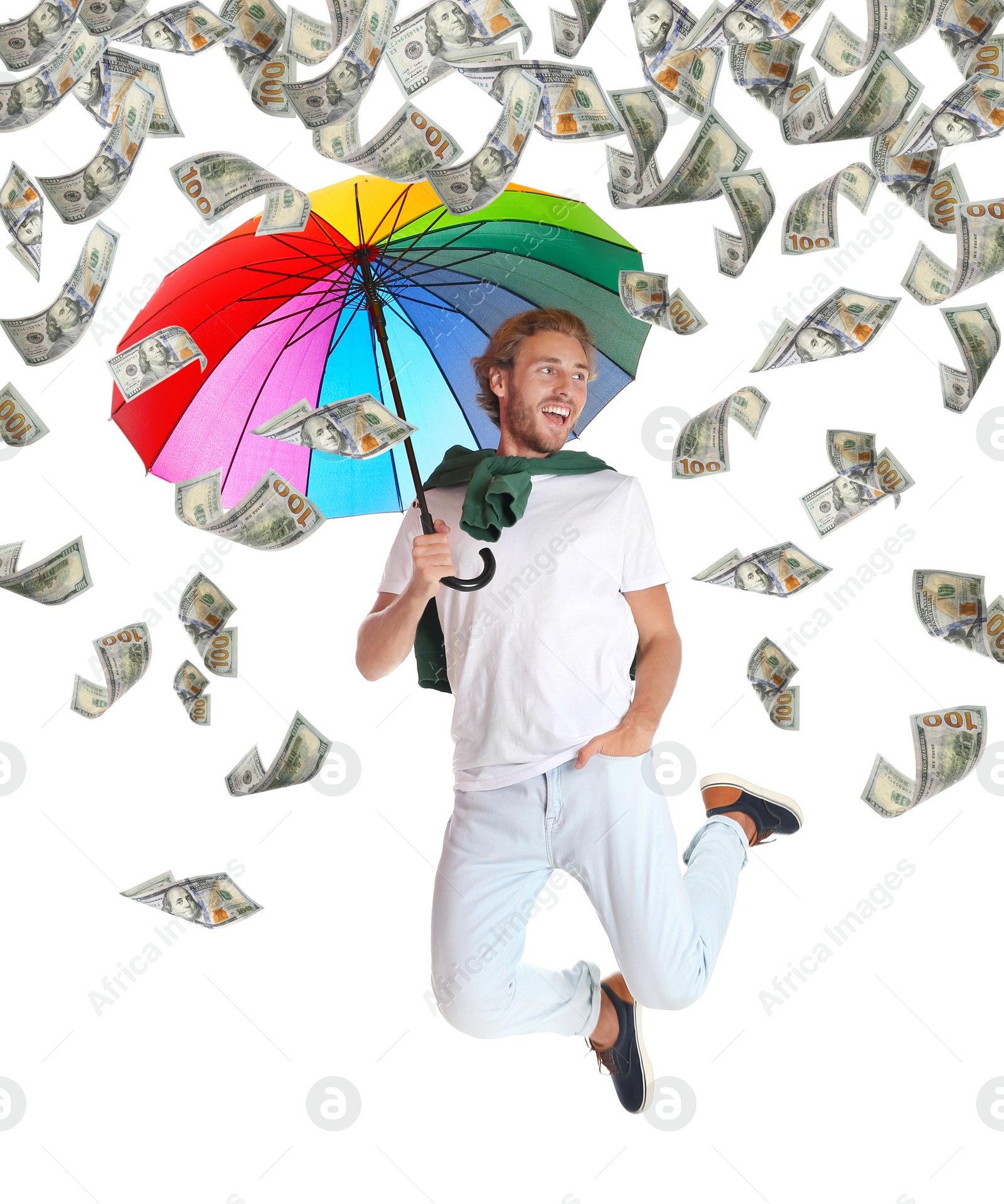 Image of Man with rainbow umbrella under money rain on white background 