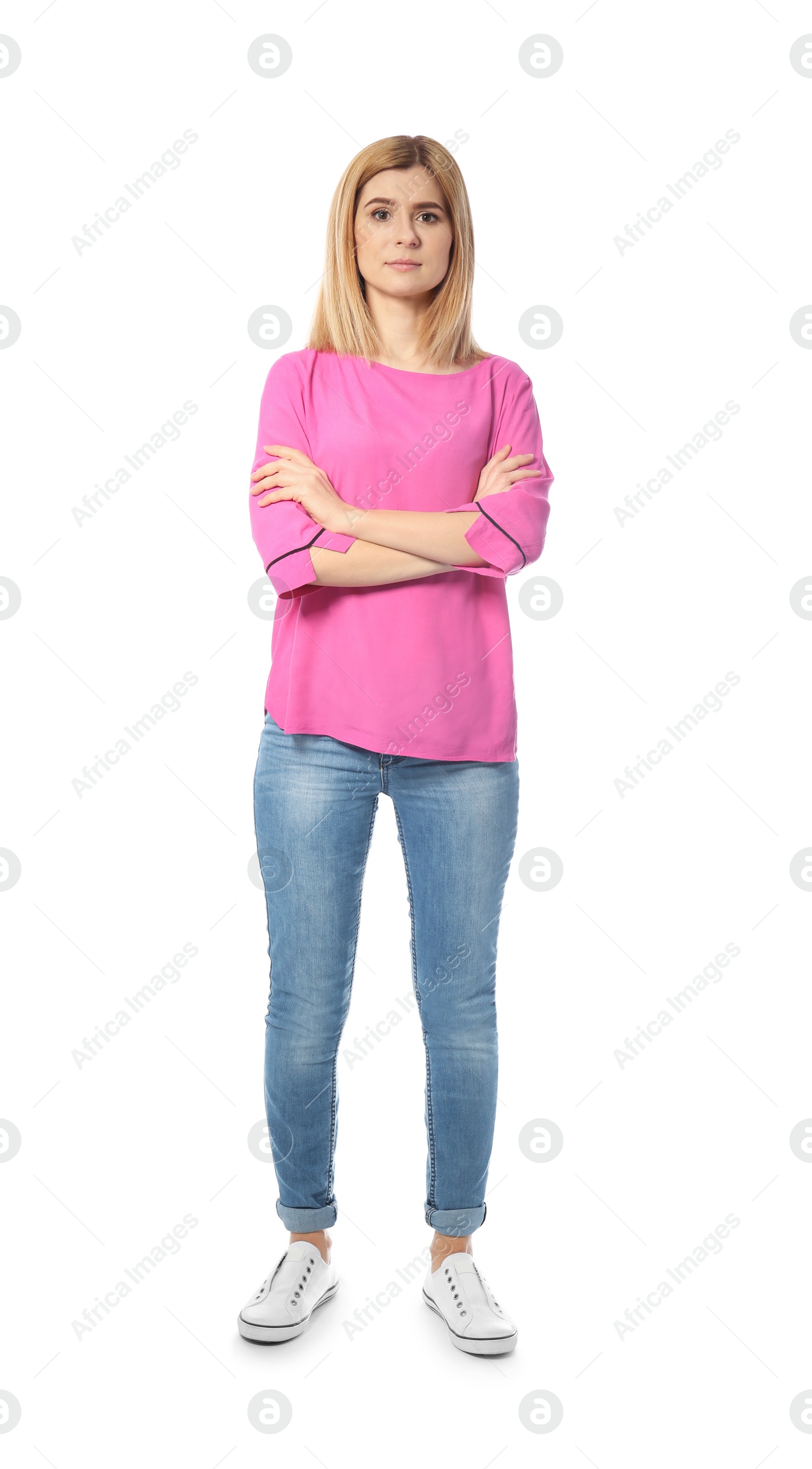 Photo of Full length portrait of beautiful woman posing on white background