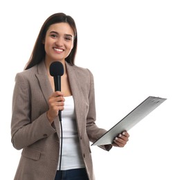 Photo of Young female journalist with microphone and clipboard on white background