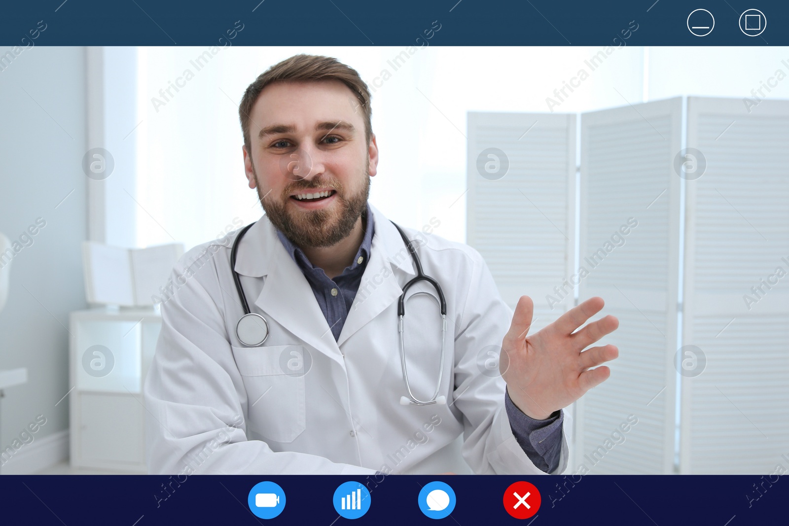 Image of Pediatrician consulting patient online using video chat in clinic, view from webcam