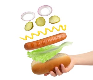 Image of Woman making hot dog on white background, closeup. Ingredients levitating over bun