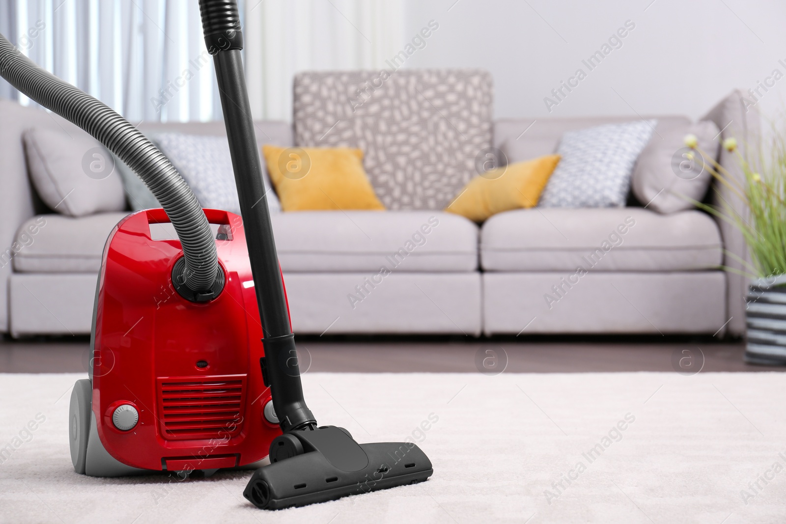 Photo of Modern red vacuum cleaner on carpet indoors, space for text