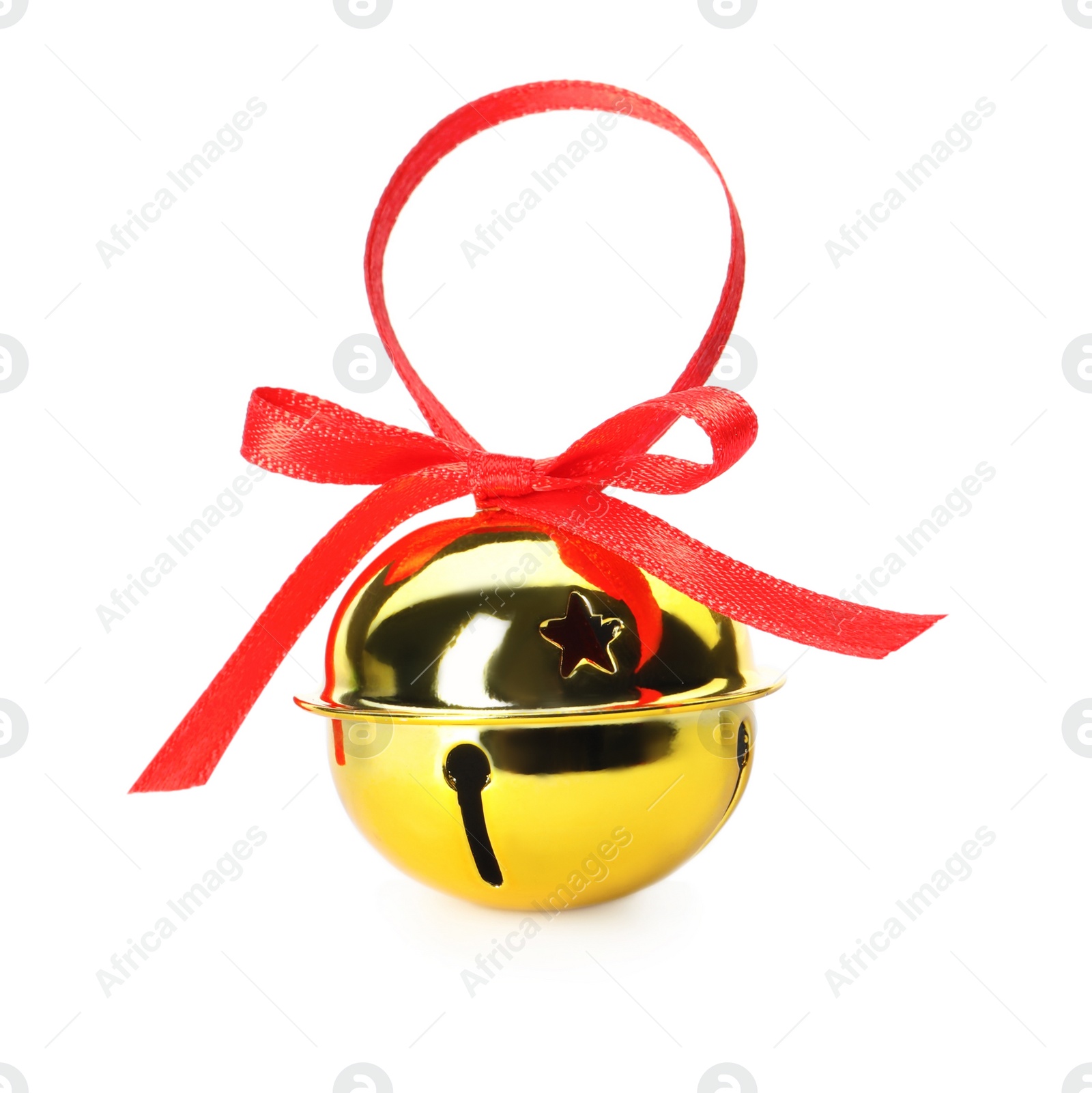 Photo of Shiny golden sleigh bell with ribbon isolated on white