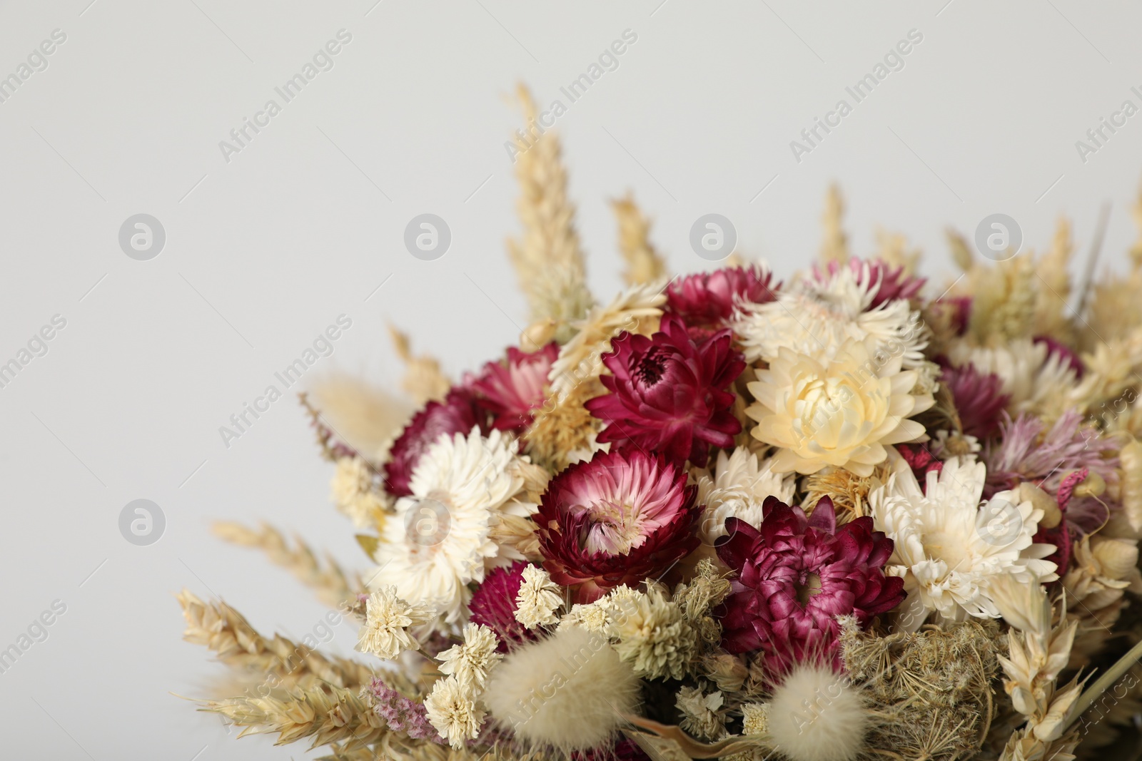 Photo of Beautiful bouquet of dry flowers on white background, closeup. Space for text