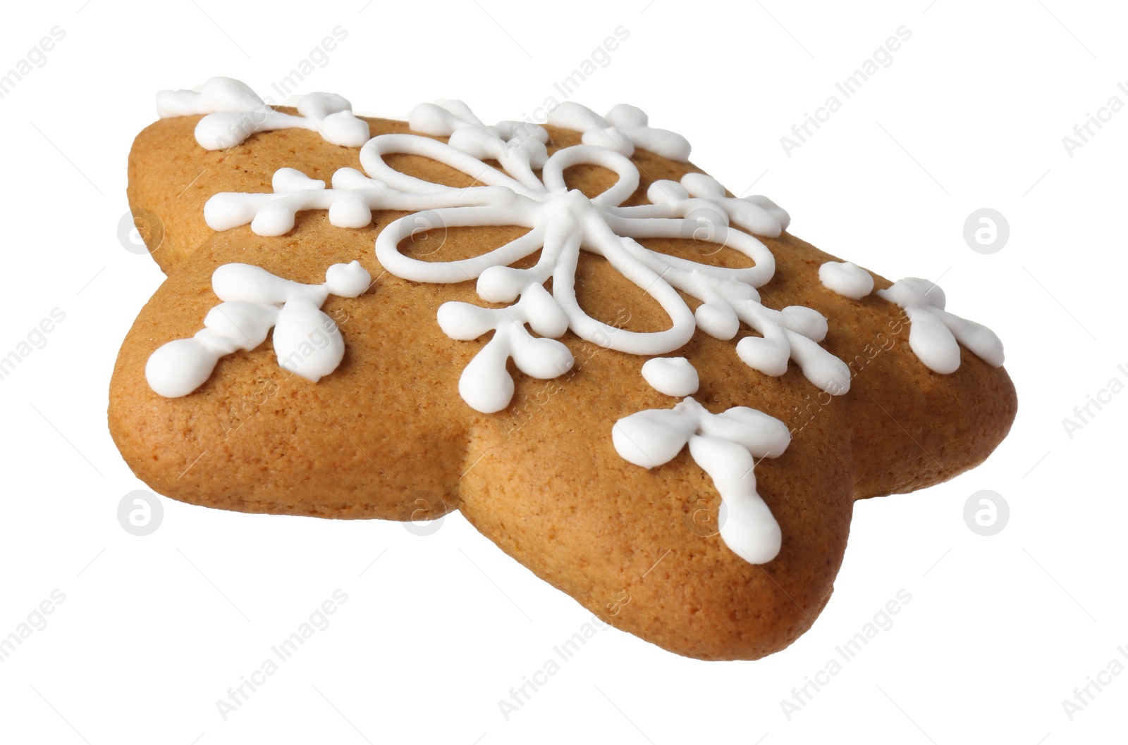 Photo of Tasty star shaped Christmas cookie with icing isolated on white