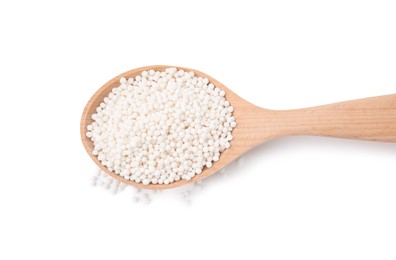 Photo of Spoon with tapioca pearls isolated on white, top view