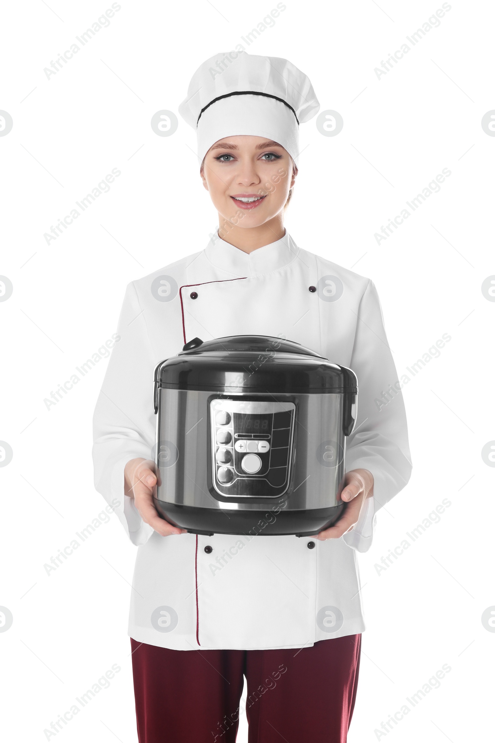 Photo of Female chef with modern multi cooker on white background