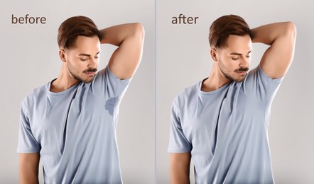 Image of Man in t-shirt before and after using deodorant on light background