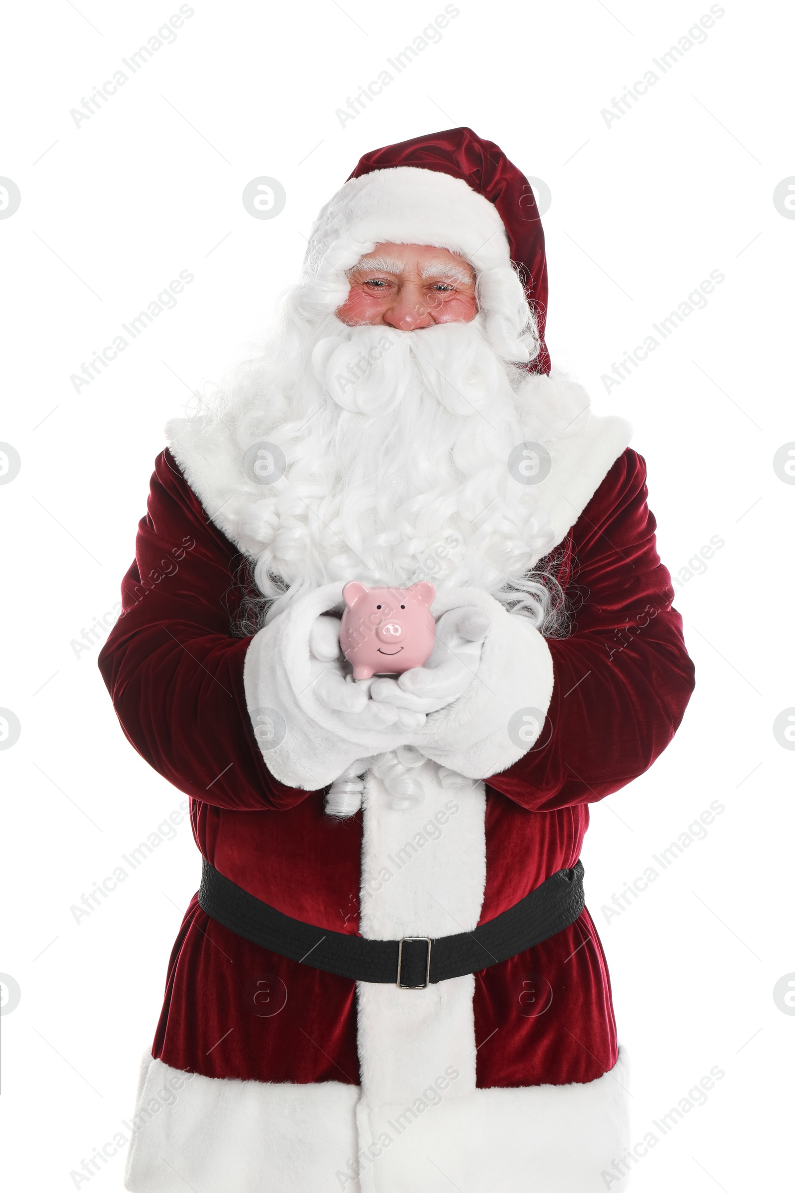 Photo of Santa Claus holding piggy bank on white background