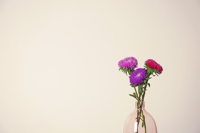 Beautiful flowers in vase and space for text on light background. Element of interior design