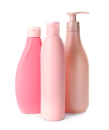 Image of Three bottles of personal hygiene products on white background