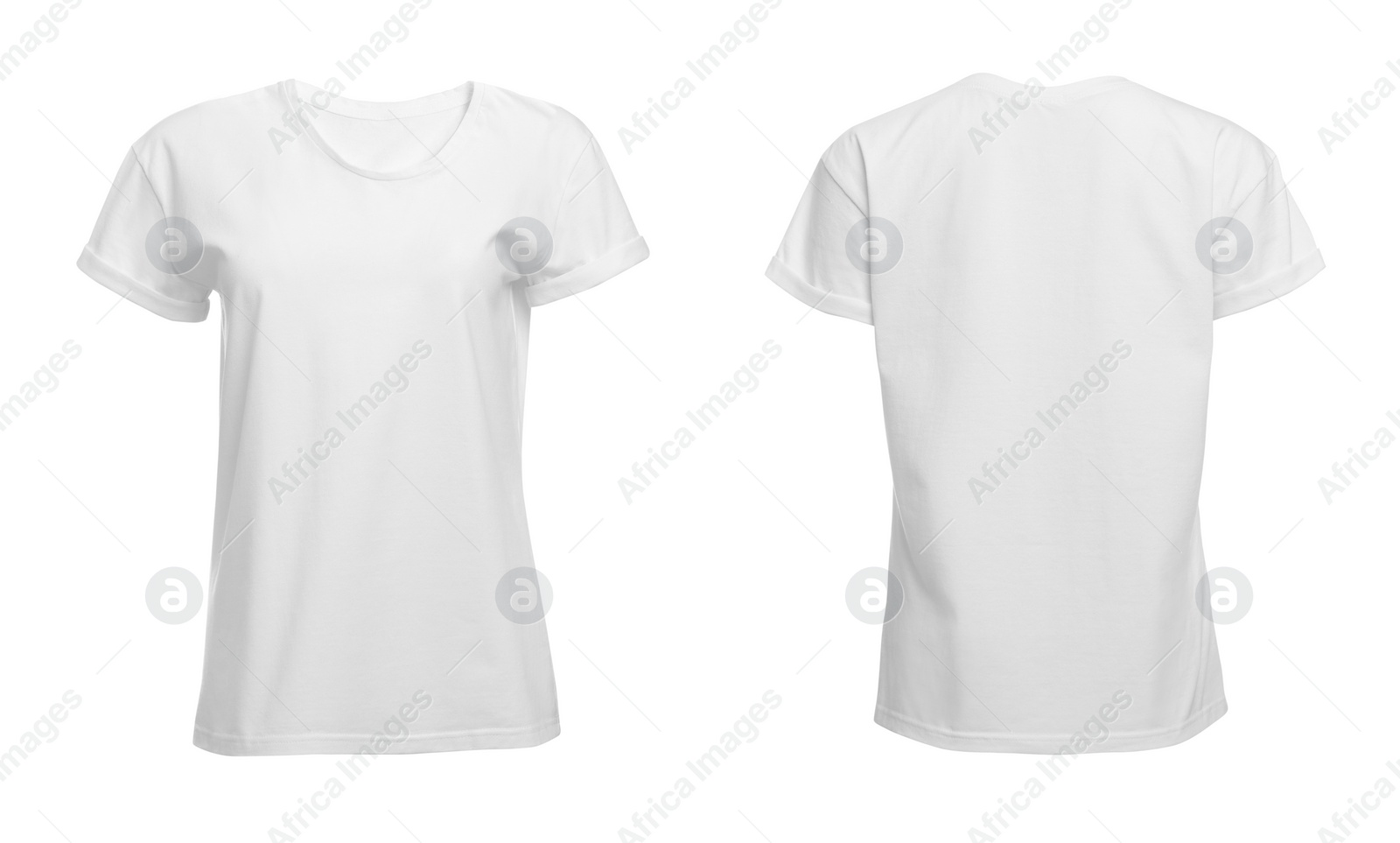 Image of Stylish basic t-shirt on white background, front and back views. Space for design