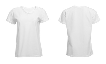 Image of Stylish basic t-shirt on white background, front and back views. Space for design