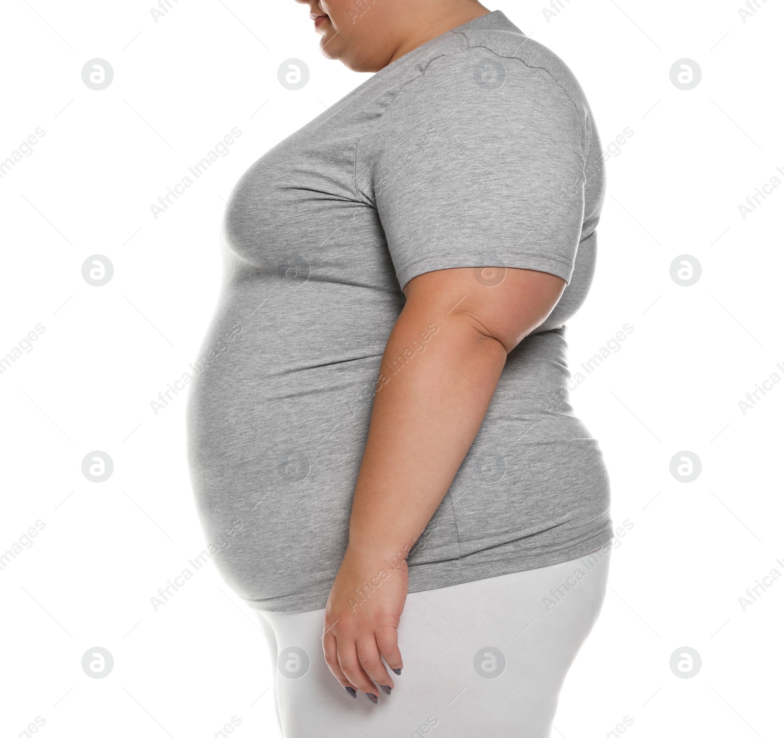 Photo of Overweight woman posing on white background, closeup