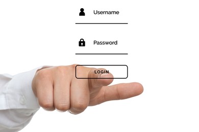Image of Illustration of authorization interface and man pressing button LOGIN on white background, closeup