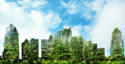 Image of Double exposure of green forest and cityscape with buildings, banner design