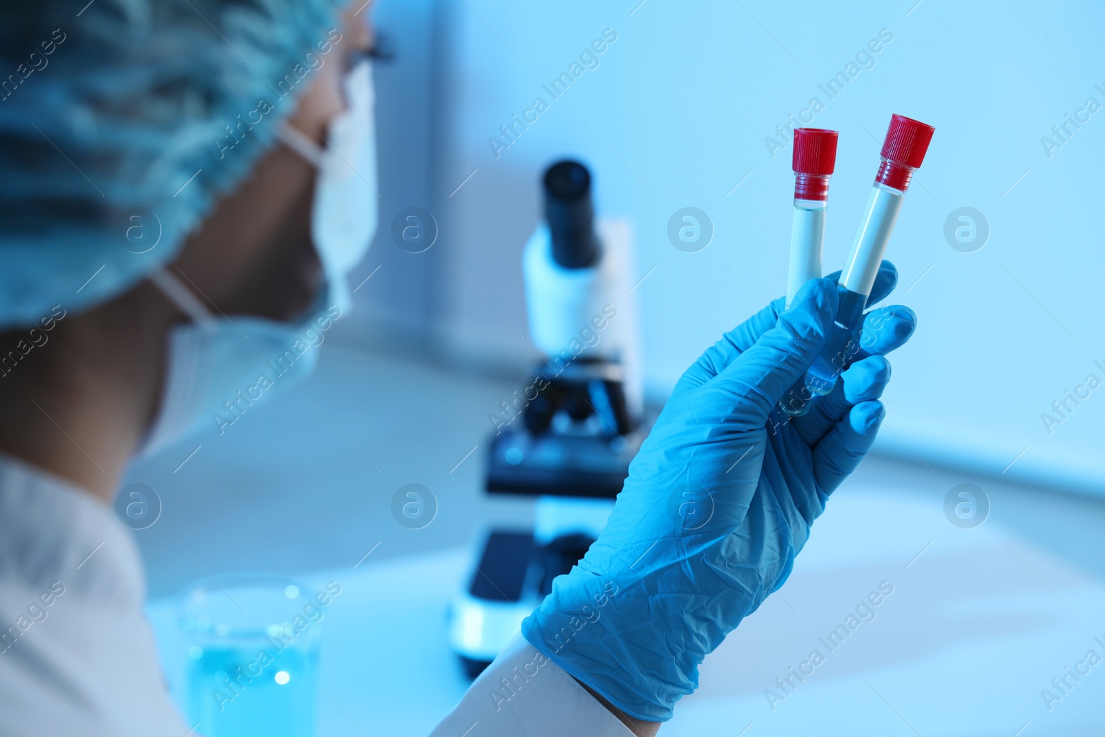 Photo of Scientist working with samples in laboratory, closeup. Medical research