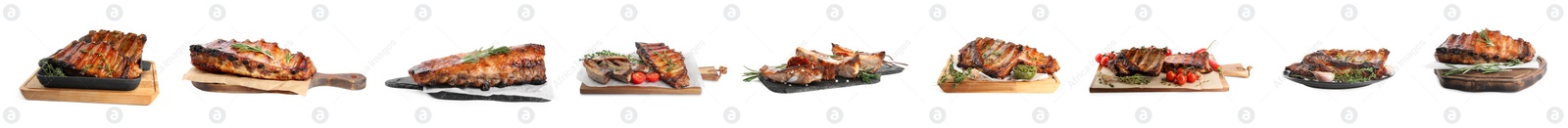 Image of Set of delicious roasted ribs on white background. Banner design 