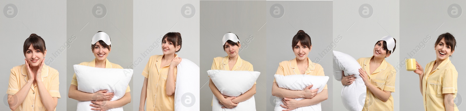 Image of Woman in pajamas on grey background, collage of photos