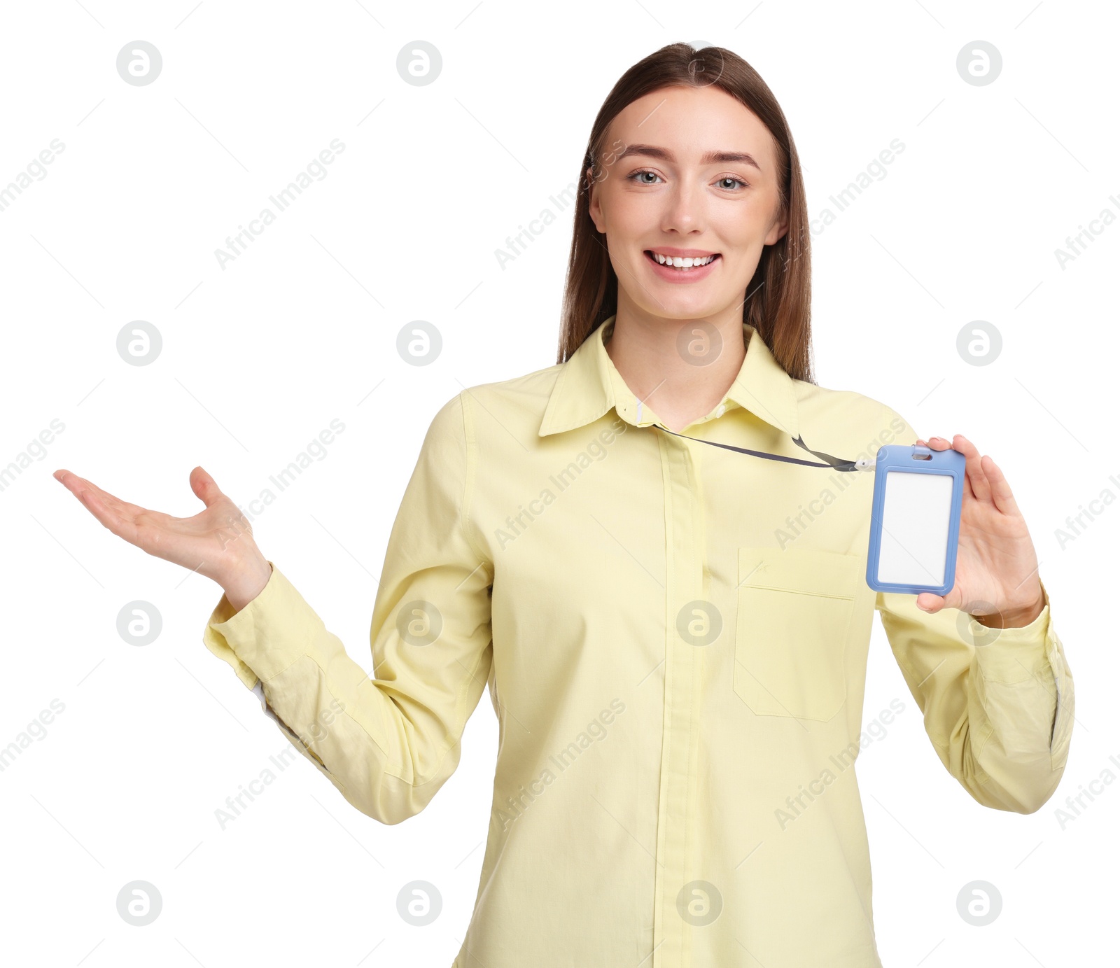 Photo of Woman with blank badge on white background