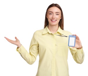 Woman with blank badge on white background