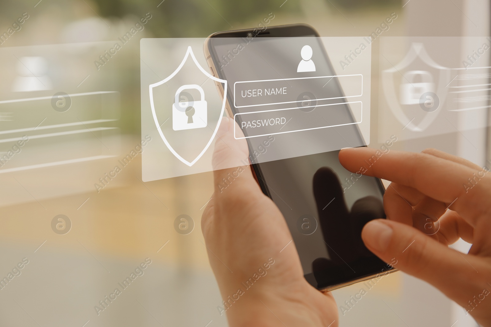 Image of Privacy protection. Woman using smartphone indoors, closeup. Digital login interface over device