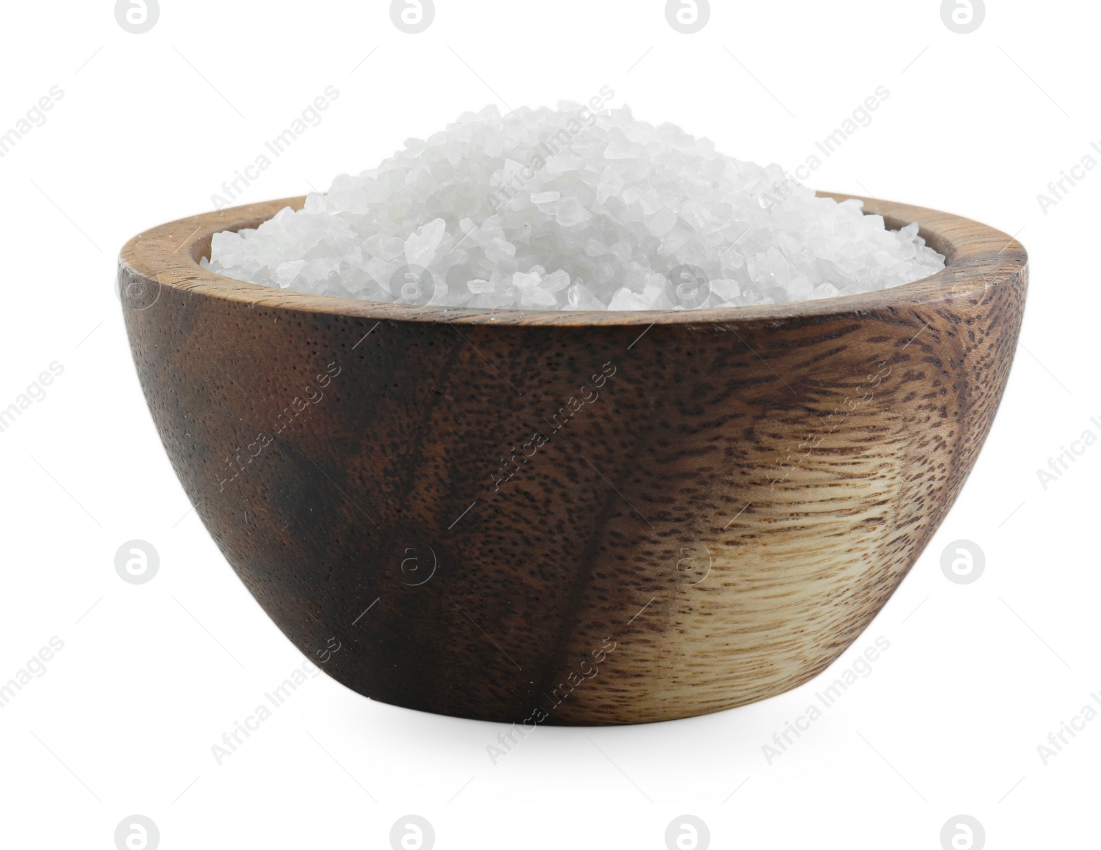 Photo of Natural salt in wooden bowl isolated on white