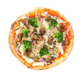 Photo of Delicious vegetarian pizza isolated on white, top view