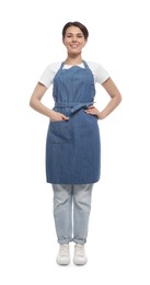 Young woman in blue apron on white background