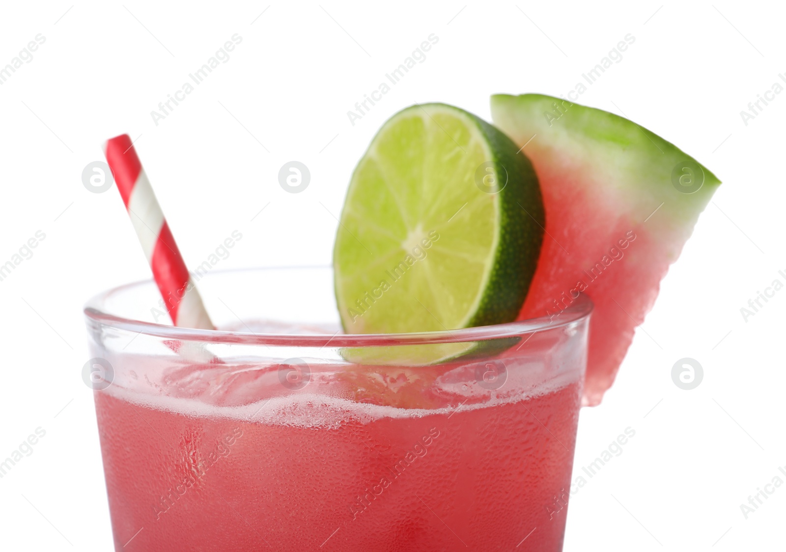 Photo of Delicious fresh watermelon drink on white background, closeup