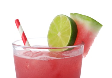 Photo of Delicious fresh watermelon drink on white background, closeup