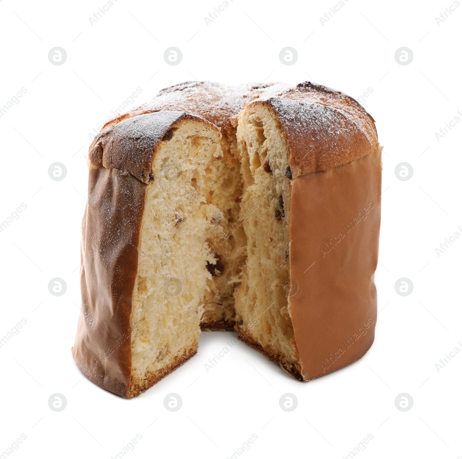 Photo of Delicious Panettone cake with powdered sugar on white background. Traditional Italian pastry