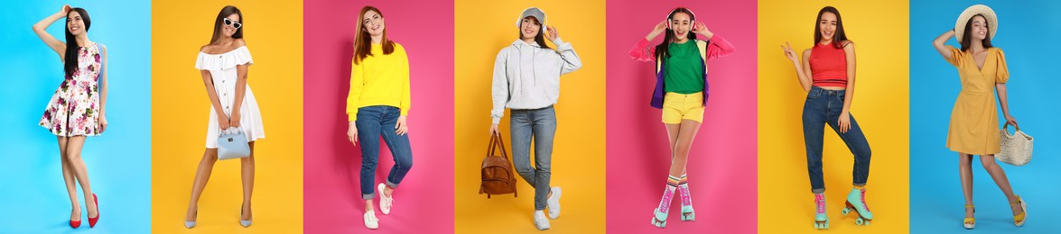 Collage with photos of women wearing trendy clothes on different color backgrounds