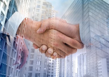 Image of Partnership concept. Double exposure of people shaking hands and cityscape